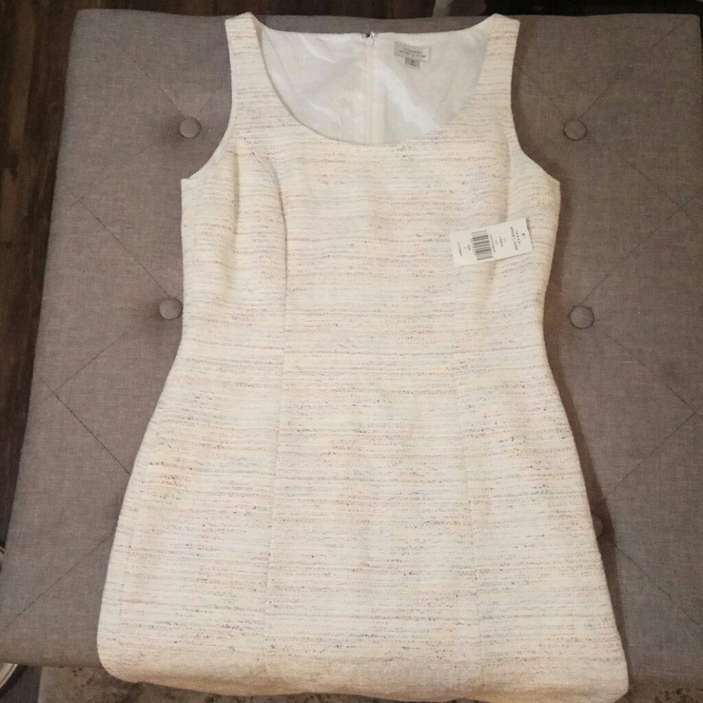 White Tahari. White dress with rainbow stiching.